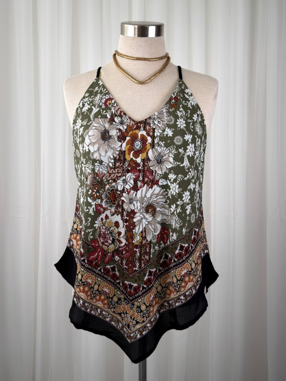 Handkerchief Hem Floral Paisley Cami Tank Top Y2K Boho Fairycore Green Womens M
